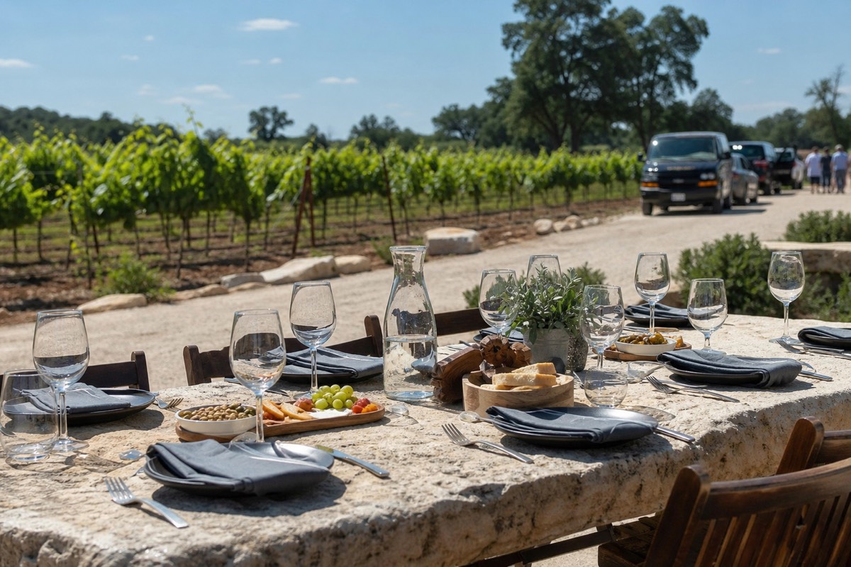 Lunch table set among vineyard rows on an all-inclusive Fredericksburg wine tour