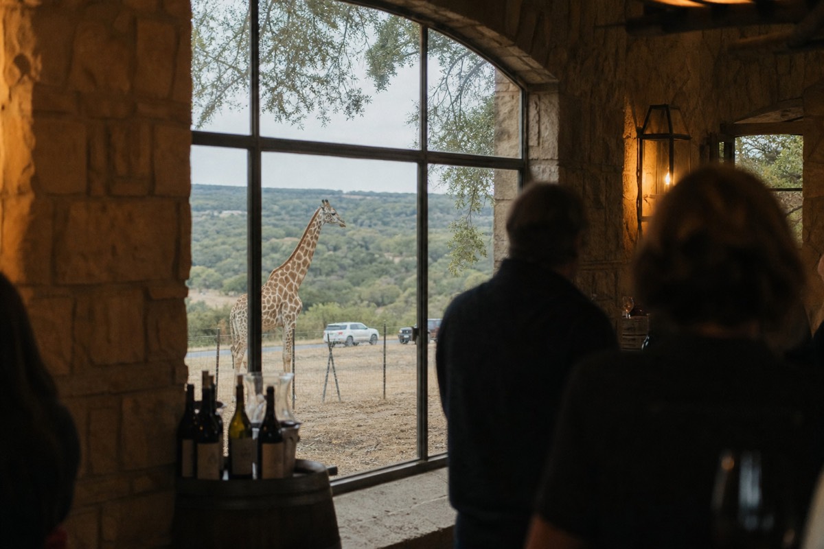 Giraffe near a vineyard fence line at a Texas game farm wine tasting