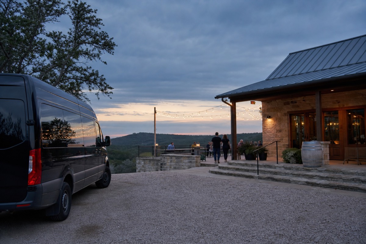 Private tour van waiting outside a Texas Hill Country winery tasting room