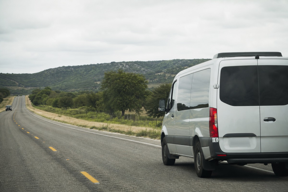 Tour van on the Hill Country highway between San Antonio and Fredericksburg wine country