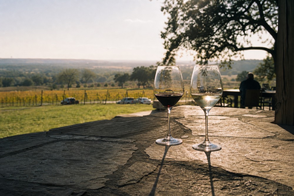 Wine glasses casting long shadows on a stone patio table with vineyard rows and heat haze in the background