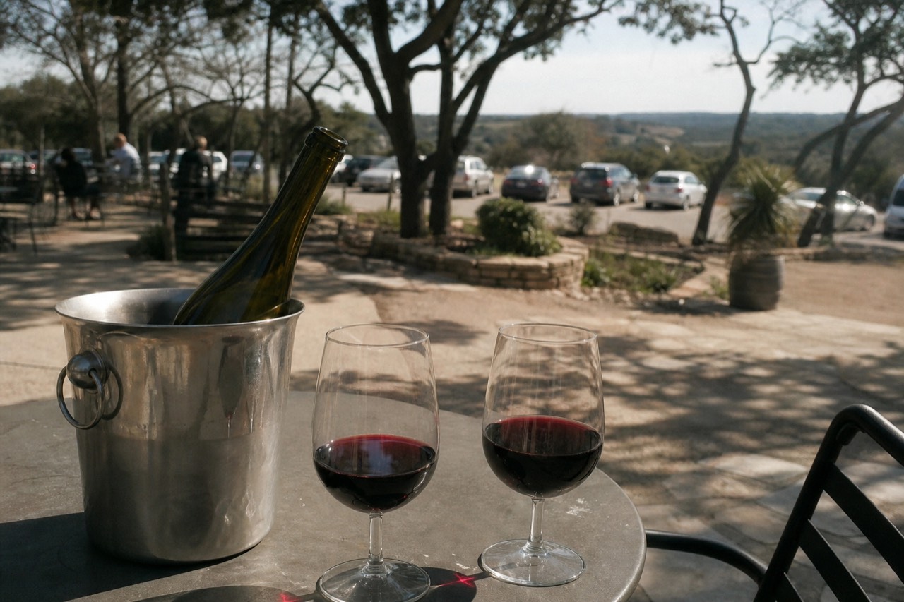 A bottle of red wine standing in a steel ice bucket beside two filled glasses on an outdoor table in bright sunlight