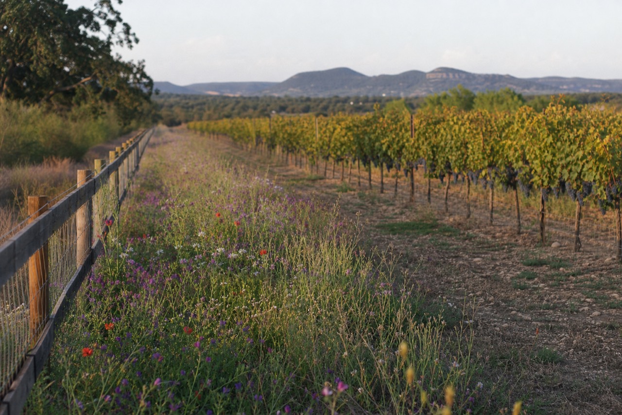 Vineyard rows in warm autumn light with heavy fruit clusters and hills in the distance