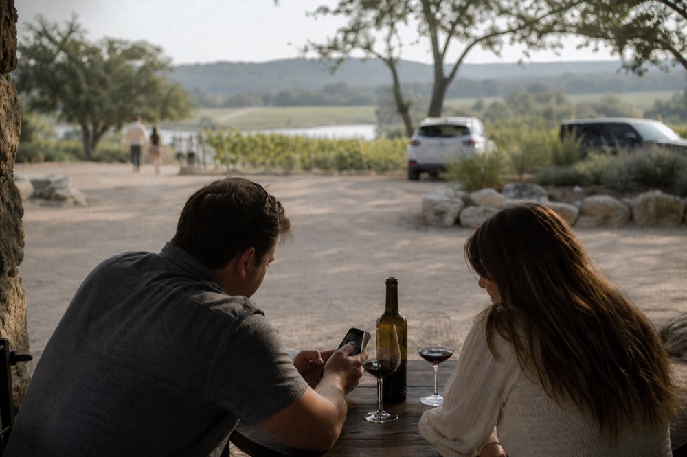 Two people comparing notes on a phone at a shaded outdoor winery table with a bottle and two glasses between them
