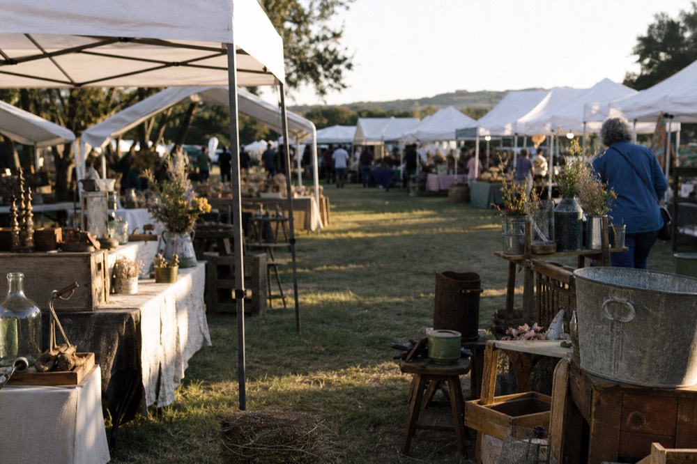 An open-air market of white canopy stalls on a grass field, shoppers browsing tables of antiques and crafts under a bright sky