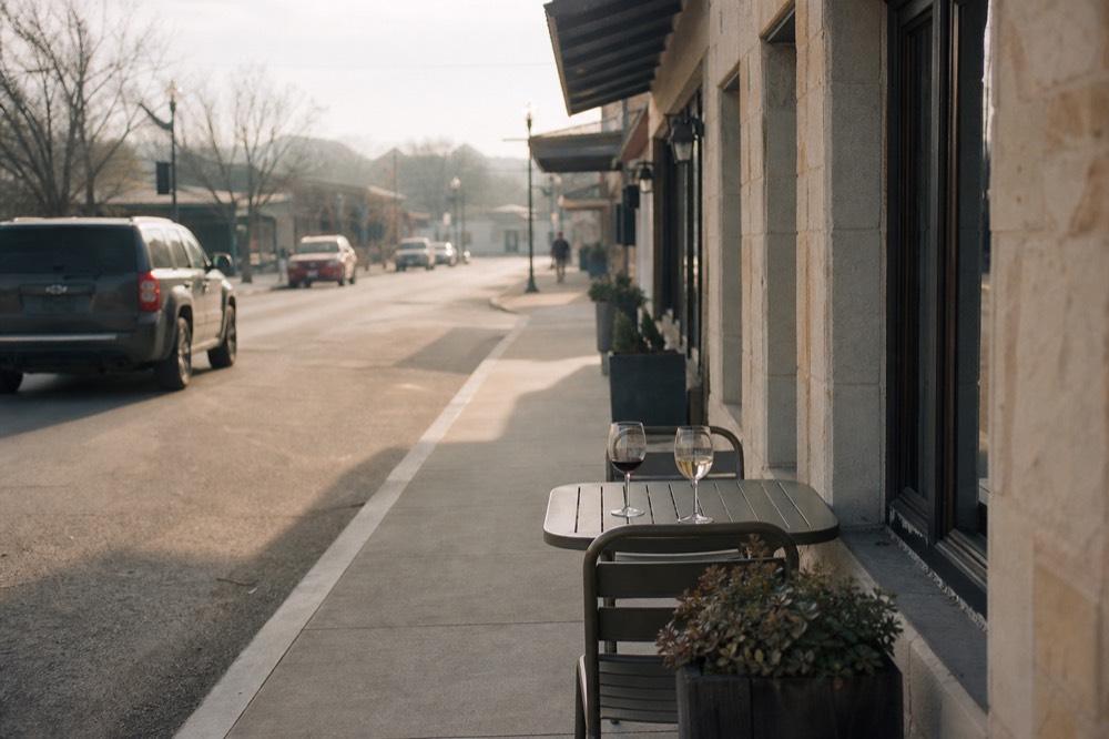 A row of storefronts along a small-town main street with a bistro table and two wine glasses on the sidewalk outside one of them