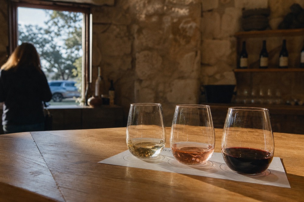 A tasting counter of pale timber with three small pour glasses lined up on a paper mat, a stone wall and shelves out of focus behind