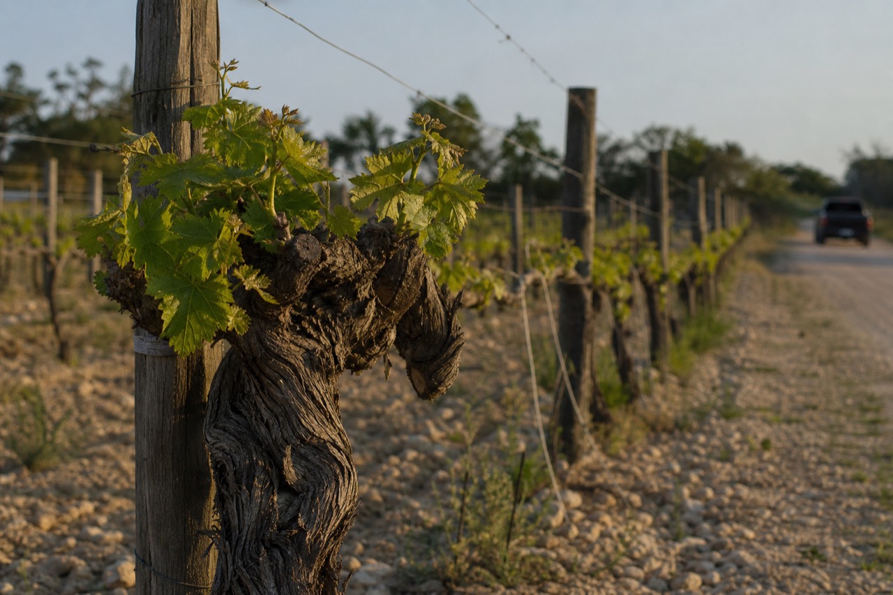 An old thick-trunked grapevine on a weathered wooden trellis post in dry limestone soil, morning light raking across the row