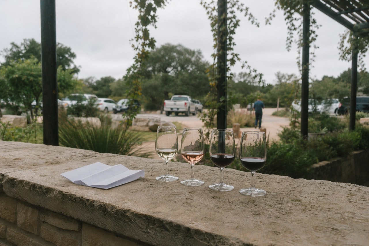 Four small pours lined up on a limestone tasting bar with a folded paper flight list beside them