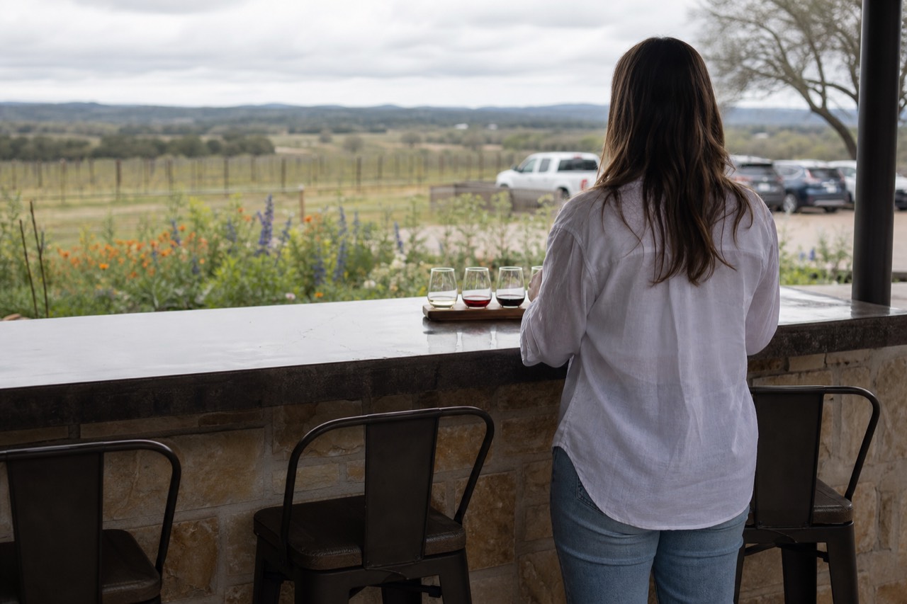A woman in jeans and a linen shirt standing at a winery bar seen from behind, tasting flight on the counter in front of her