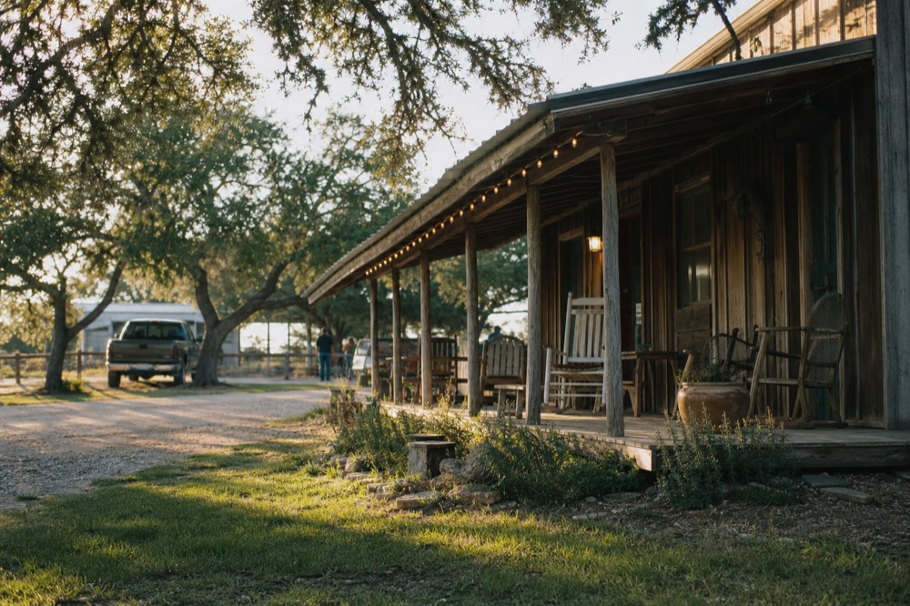 Weathered wooden general store porch with mismatched chairs and string lights, dusty gravel yard and oak trees around it