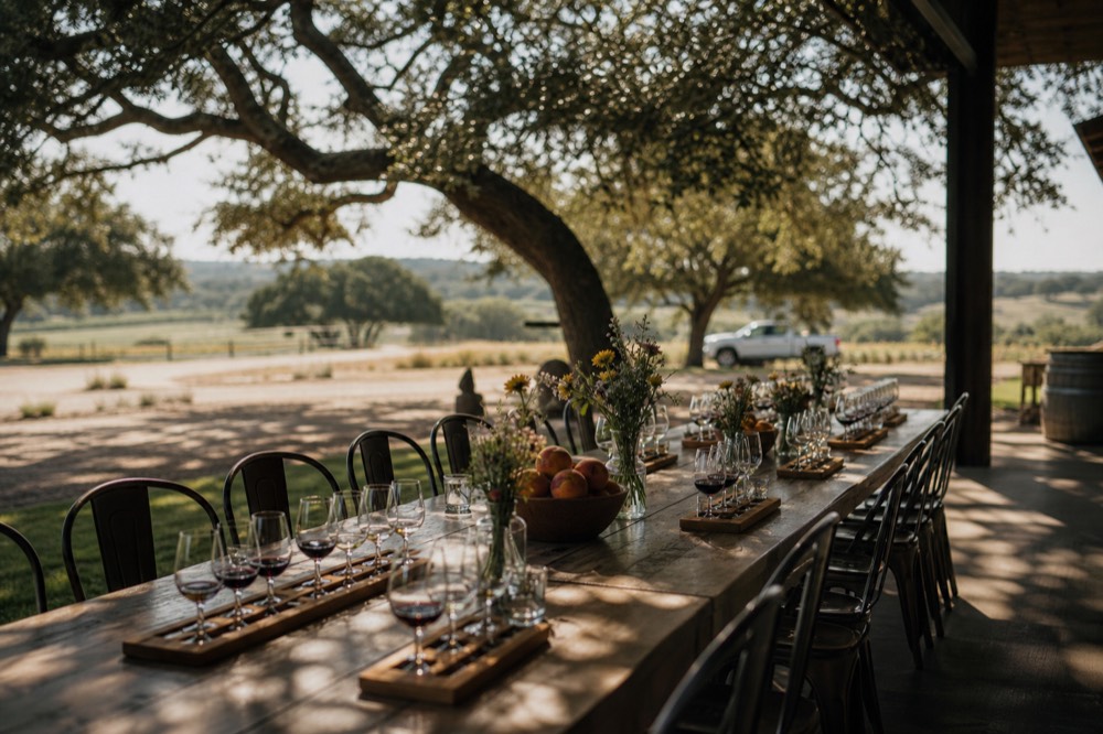 A long communal table on a shaded winery terrace set with tasting flights and a bowl of peaches, no people in frame