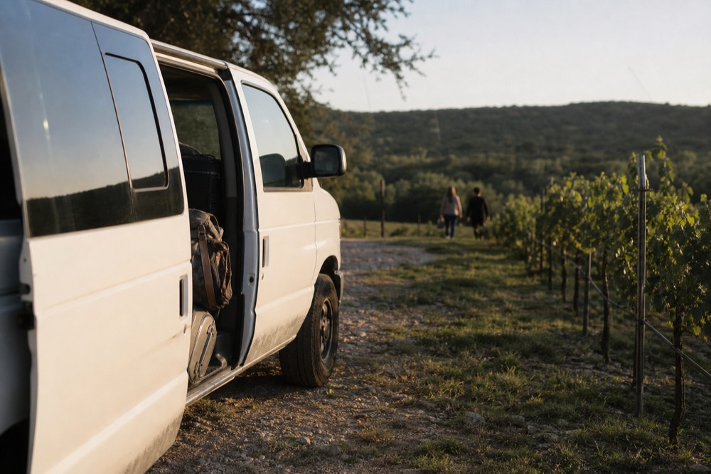 A white passenger van parked at the edge of a vineyard with its side door open and travel bags visible inside