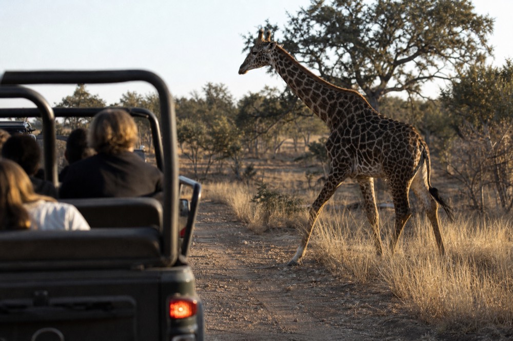 An open safari vehicle stopped on a dirt track in Texas scrub while a giraffe walks past the rail, dry grass and oaks in the background