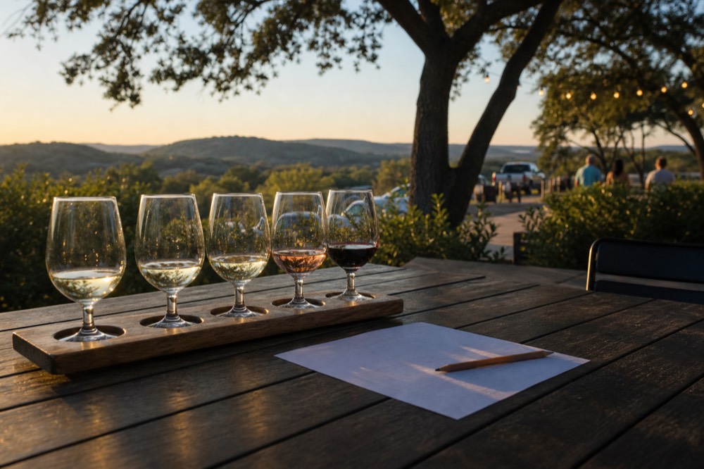 A flight of five wine glasses on a wooden board beside a paper tasting sheet and a pencil, sunlight falling across a patio table