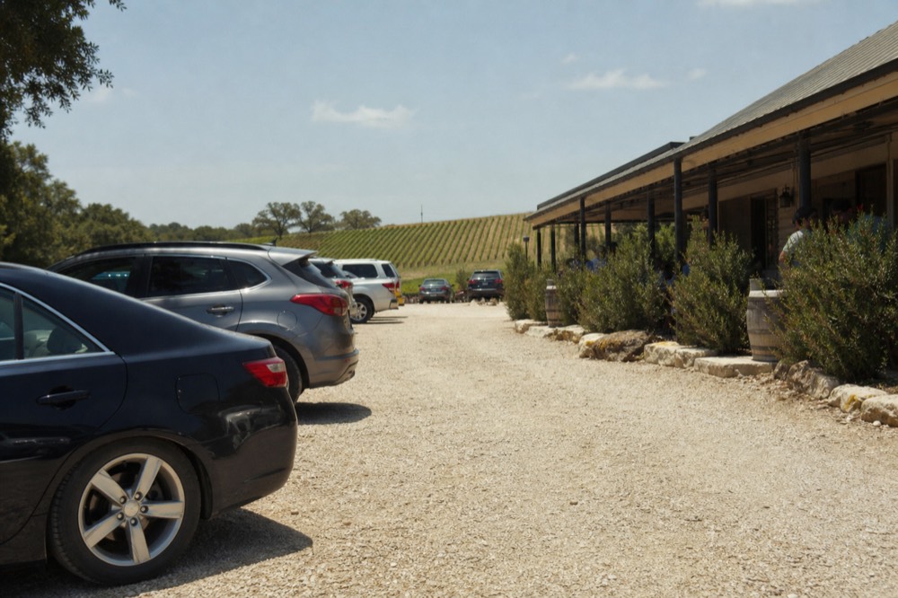 Cars parked in a gravel lot beside a long low tasting room building with a covered porch, vineyard rows running away behind it