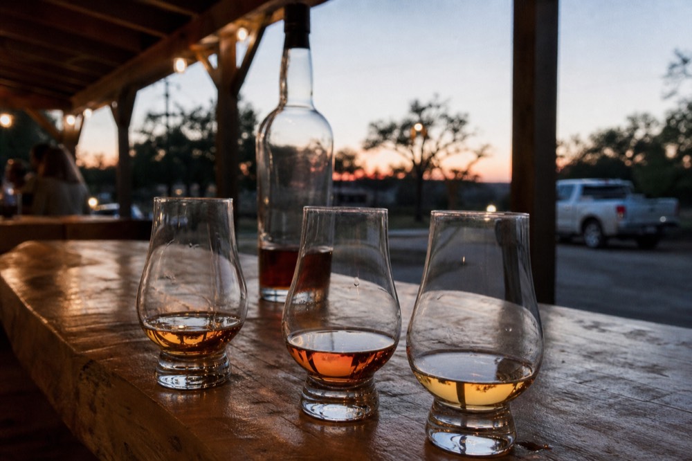 Three tasting glasses with different pour levels on a weathered wooden bar top, a bottle out of focus behind them