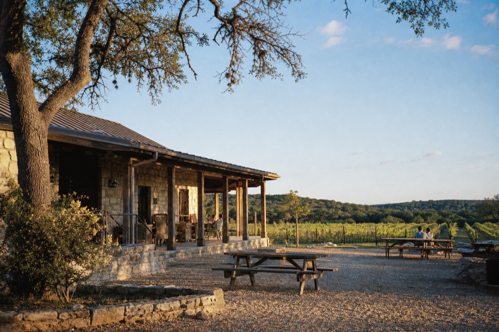 A stone and timber tasting room with a covered porch, wooden picnic tables on gravel, vine rows starting immediately behind the building