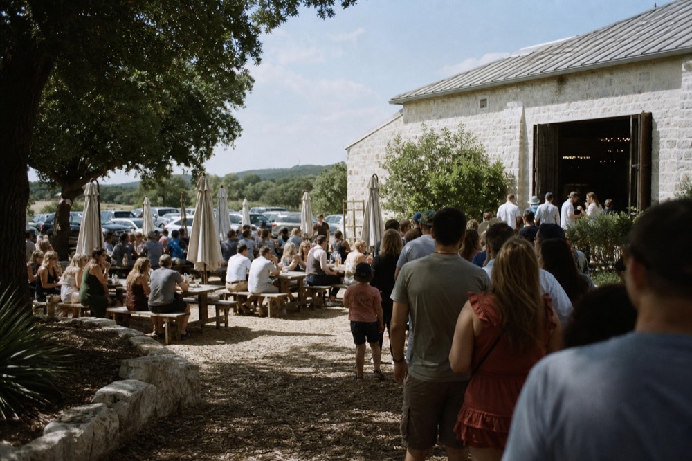 A crowded winery patio on a warm afternoon with every picnic table occupied and people standing in a line toward an open barn door