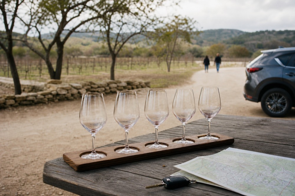An empty flight board with five tasting glasses drained, a folded paper map and car keys on a wooden table at the end of an afternoon