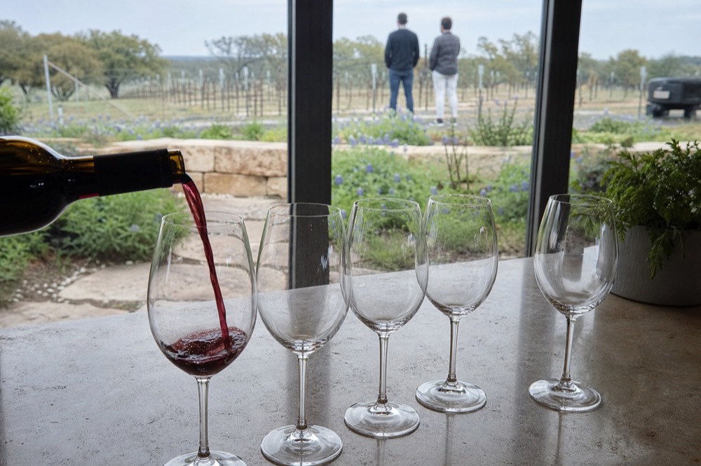 Row of tasting glasses lined up on a limestone counter with a pour of red wine, Hill Country vineyard visible through the window behind