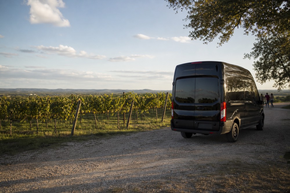Black passenger van parked on a gravel drive beside rows of vines under a wide Texas sky