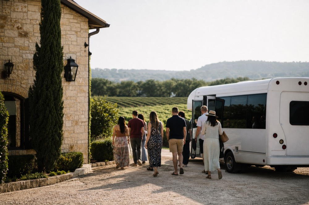 Passengers boarding a small unmarked shuttle bus outside a limestone building on a sunny Texas morning